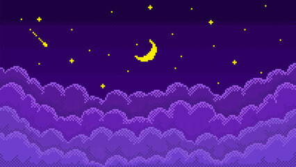 Pixel art starry night sky. Pixelated cloudy skyscape with 8 bit shiny twinkling stars, new moon and layered bitmap clouds, retro video game style vector background illustration. © WinWin
