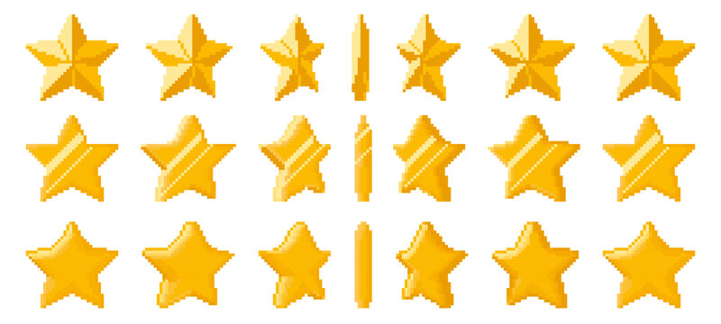 Pixel art golden star animation. Pixelated shiny stars rotation, 8bit retro game gold award in various five pointed star shapes. Animated spin of rating icons vector set.