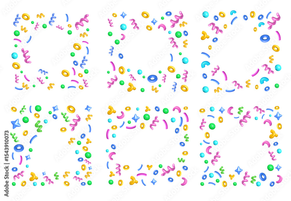 Poster party frames with 3d confetti. festive celebration borders with scattered 3d shapes of swirl streame