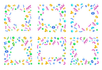 Party frames with 3D confetti. Festive celebration borders with scattered 3D shapes of swirl streamers, circles and spark stars. Decorative square frame with confetti explosion vector templates set.