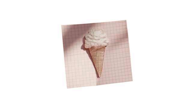 Scrap of grid paper with drawn ice cream cone, taped to light coral background, delicate shadows