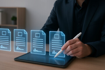 Businessman signing digital documents on tablet with glowing holographic UI forms