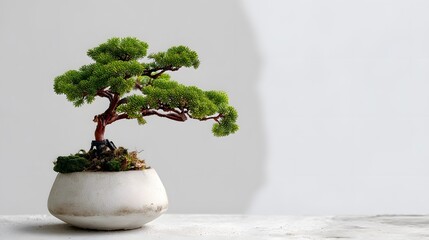 A bonsai tree in a white pot against a white background.