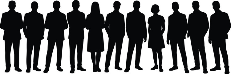 Silhouette of a group of people standing together against a white background