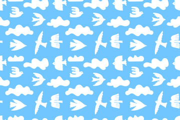 Flying birds seamless pattern. Cloudy blue sky with bird silhouettes, minimalism style dove and swallow with abstract cloud shapes. Textile print template. Vector background illustration.