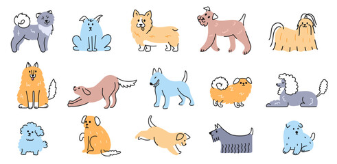 Doodle dogs. Cute hand drawn puppy, playful dog characters in various breeds and different poses for pet themed designs. Isolated animals vector illustration set.