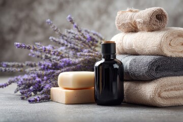 Spa essentials lavender, soap, oil, and rolled towels on a grey surface