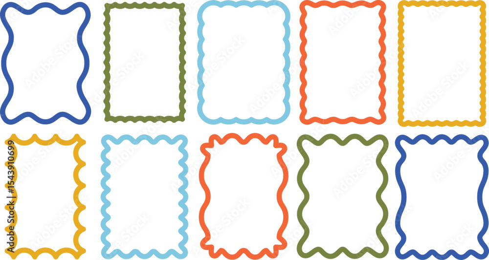 Poster wavy frames. curvy border, smooth zigzag scalloped frame and rectangle shapes with wave edge. retro 