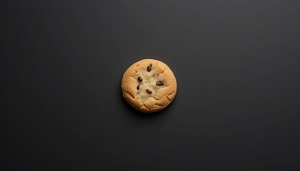 Chocolate chip cookie on a dark grey background, top view, isolated object