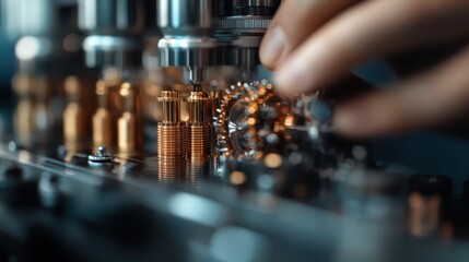An intricate close-up shot of a mechanical component being fine-tuned, showcasing the delicate craftsmanship and precision involved in engineering, representing innovation and skill.