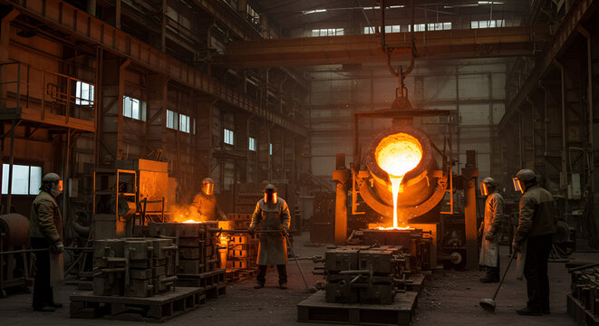 Metalworkers pour molten metal inside industrial foundry casting molds at steel factory