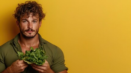 An engaging portrait of a man proudly holding a bundle of fresh lettuce against a bright yellow background, emphasizing health, nutrition, and sustainable living.