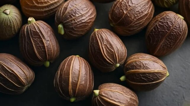 Close-Up 4K Video of Jenipapo Fruit with Brown Textured Surface and Oval Shape on Minimal Background, Natural Lighting

