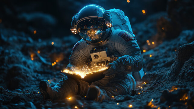 An astronaut sits amidst cosmic debris, bathed in ethereal light, engrossed in a glowing book
