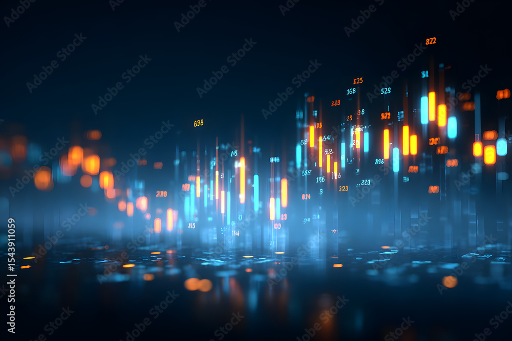 Poster abstract digital stock chart with glowing candlesticks and numerical data, futuristic graphic style 