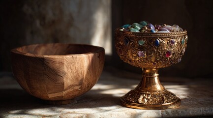 Ornate gold chalice brimming with colorful gemstones sits beside a simple wooden bowl, bathed in warm, shadowed light