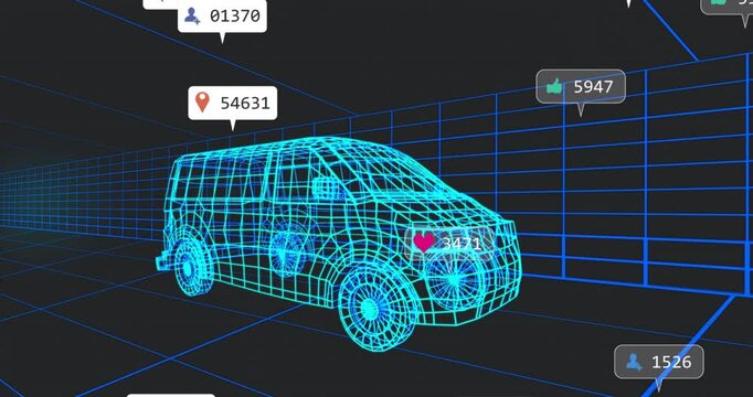 Van wireframe appearing in blue grid getting bell alert, spawning icons, displaying rising counters