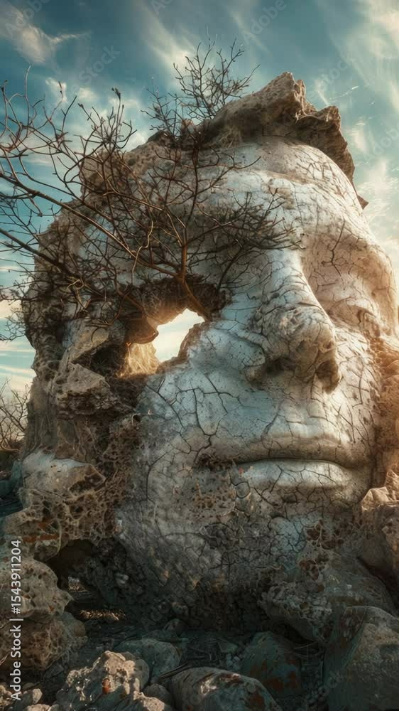 Poster An ancient stone face with a tree sprouting from its surface, blending nature and architecture