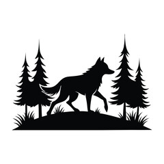 Wolf Silhouette in Forest Scene Vector Art