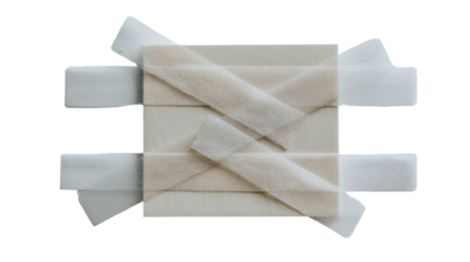 Transparent tape pieces crossing over small paper square, flat lay, white background, PNG