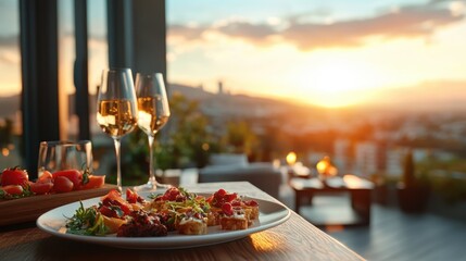 An elegantly arranged table showcases gourmet food and drinks during a breathtaking sunset, inviting viewers to indulge in a luxurious dining experience surrounded by beauty.