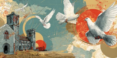Symbolic illustration merging doves, church architecture, and abstract maps with bold red and gold accents in a conceptual narrative style