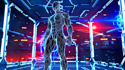 Wireframe human figure standing inside spaceship corridor, surrounded by blue red neon lighting, digital data streams flowing through advanced technological virtual reality environment