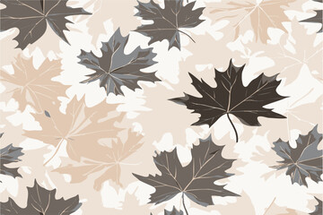 A seamless pattern of maple leaves and branches, with shades of gray, brown, black, beige, and white.Forest camouflage. Tree branches, leaves. Hunting camouflage with maple leaves texture.