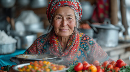 Woman with lovely smile cooking in oriental kitchen
