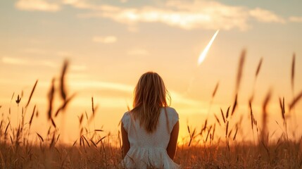 Obraz premium A woman sits serenely in a golden field, gazing at a breathtaking sunset, capturing a moment of reflection, tranquility, and connection with nature, evoking a sense of peace and mindfulness.