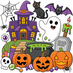Cute Halloween Cartoon Collection – Haunted House, Ghost, Pumpkins, Cat & Cauldron
