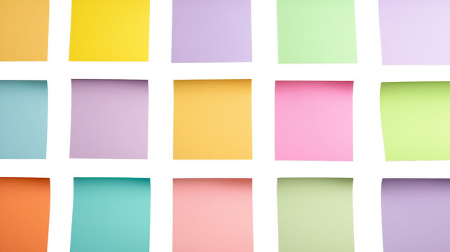 Sticky notes arranged in grid pattern, bright pastel colors, office inspiration, top view png