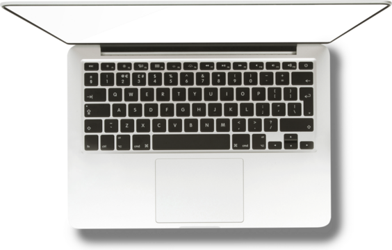 A top view of an open laptop with a black keyboard and a silver body, designed for computing and productivity.
