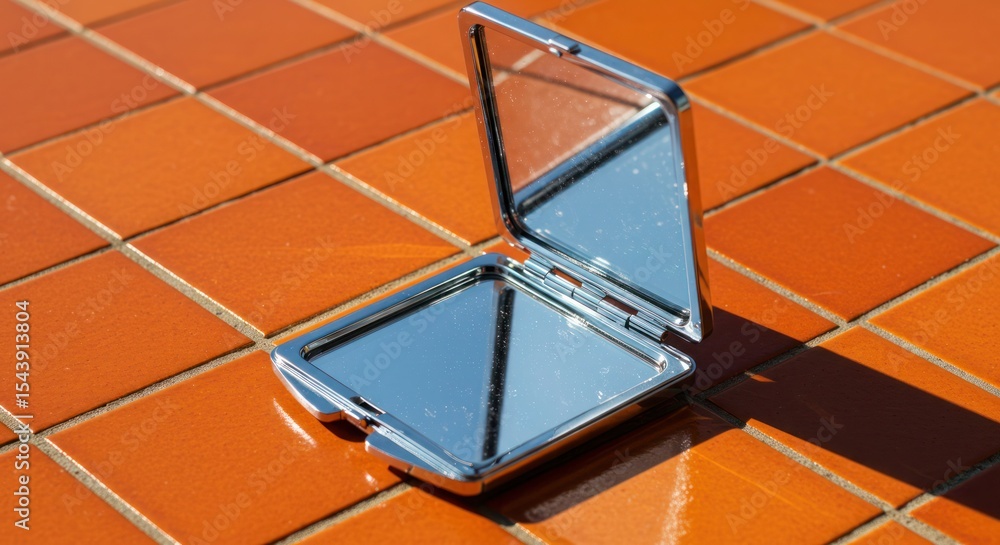 Poster close-up of an open compact mirror on a tiled surface reflecting the surroundings