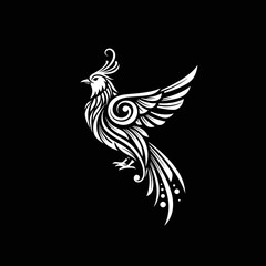 white tribal style phoenix bird with decorative swirls on a solid black color background design