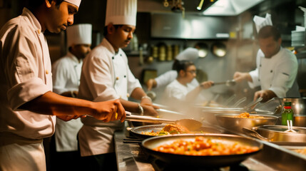A group of Indian chefs prepares a national dish