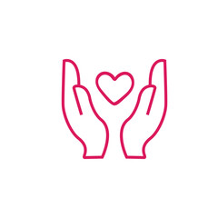 Obraz premium Black isolated outline icon of heart in hands on white background. Line icon of heart and hands. Symbol of care, love, charity.