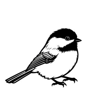A black and white illustration of a chickadee bird perched on its feet with a white background space