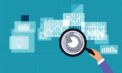 Data Analytics and Market Research Concept with Magnifying Glass and Business Charts &ndash; Financial Report Analysis, Performance Metrics, and Insight Visualization.