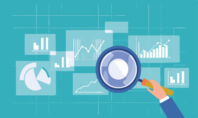 Data Analytics and Market Research Concept with Magnifying Glass and Business Charts – Financial Report Analysis, Performance Metrics, and Insight Visualization.