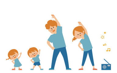 ラジオ体操をする親子のイラスト素材