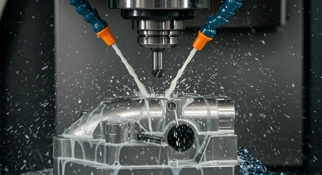 Precision milling machine shapes metal under coolant jets industrial process detailed close up