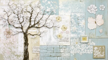 A delicate, textured artwork featuring a flowering tree and decorative elements.