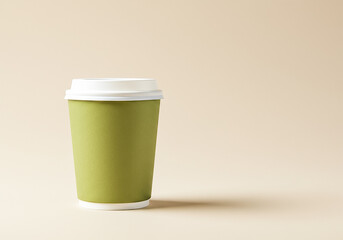 Olive green disposable coffee cup with white lid