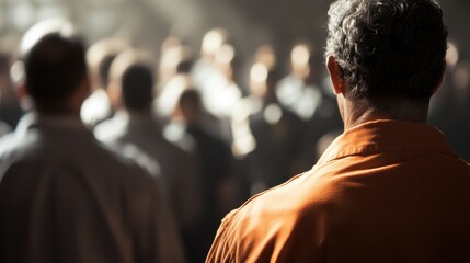 A man in an orange prison jumpsuit stands out amidst a large crowd, evoking themes of isolation, judgment, and society's perspective on crime and punishment.