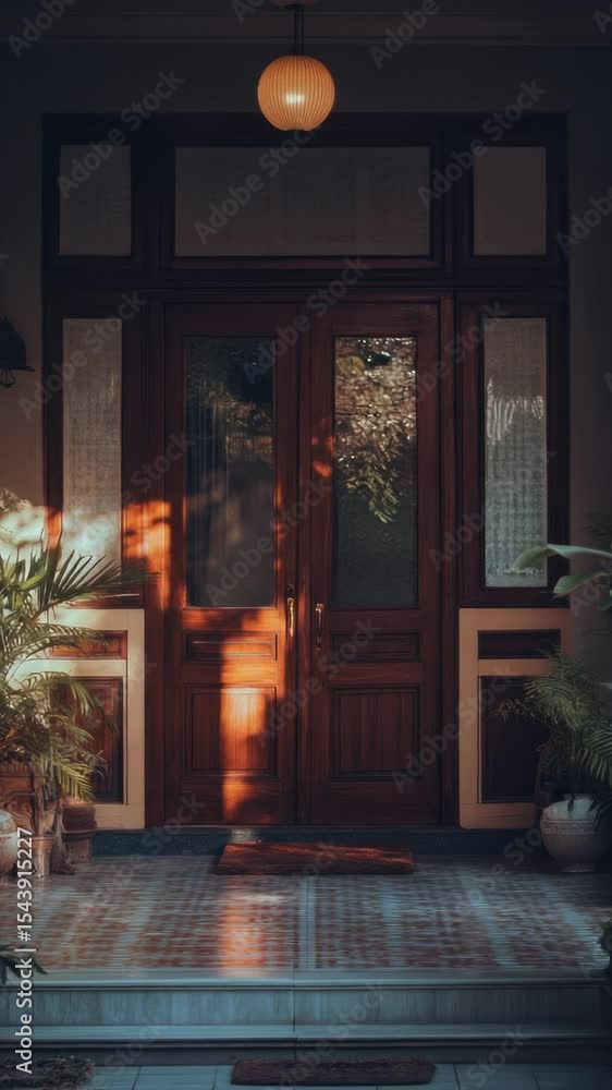 Poster a wooden front door with a brick floor, suitable for use in interior design or architecture images