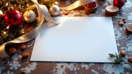 A festive Christmas scene featuring wrapped gifts with golden bows, pine branches, and twinkling lights. A blank card is prominently displayed in the center, perfect for adding a personalized message.