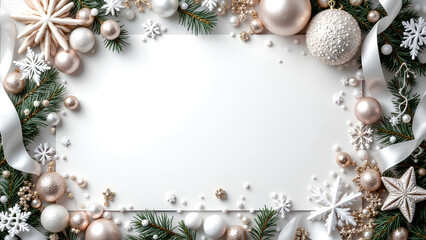 A festive Christmas scene featuring wrapped gifts with golden bows, pine branches, and twinkling lights. A blank card is prominently displayed in the center, perfect for adding a personalized message.
