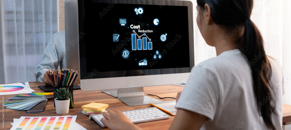 Poster Cost reduction, cost saving concept shown on computer screen brisk, corporate business efficiently save cost and company resources by reduction of unnecessary expenses