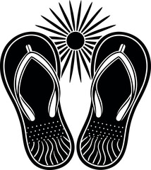 Flip Flops And Sun Rays Vector Silhouette On White Background